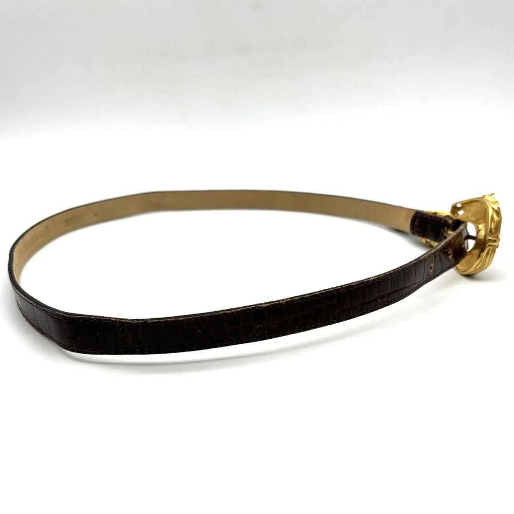 1980s Streets Ahead 32920 Brown Croc Emboss Leather Horsehead Skinny Belt L 34